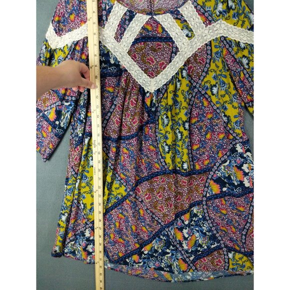 ENTRO Women Tunic Dress SZ M Patchwork Floral Lace Flare Pleated 3/4 Sleeve Boho - Picture 5 of 9
